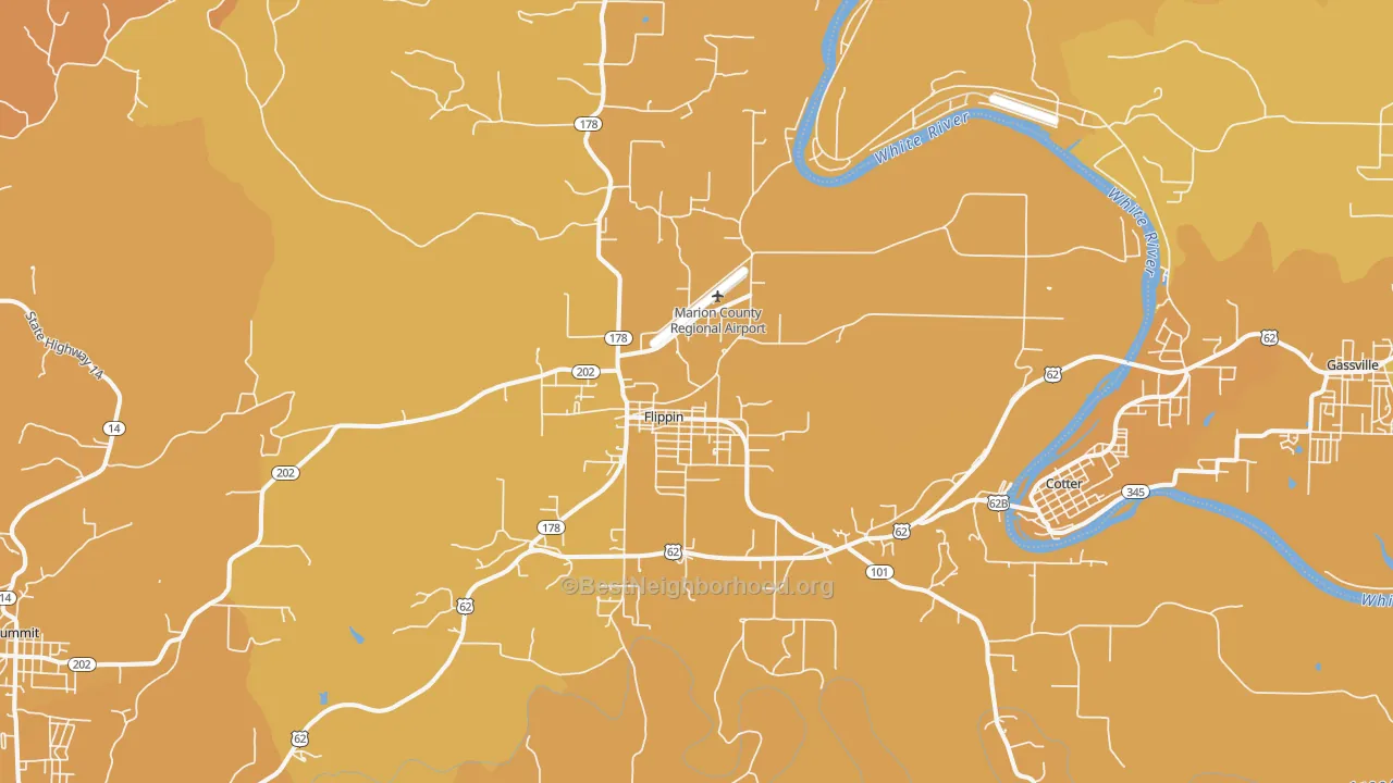 Map of the best neighborhoods in the Flippin area, with better matches in green and worse matches in red