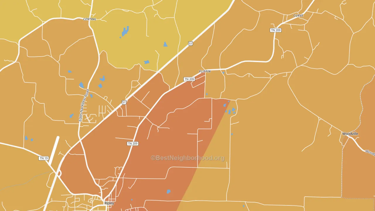 Map of the best neighborhoods in the Flippin area, with better matches in green and worse matches in red