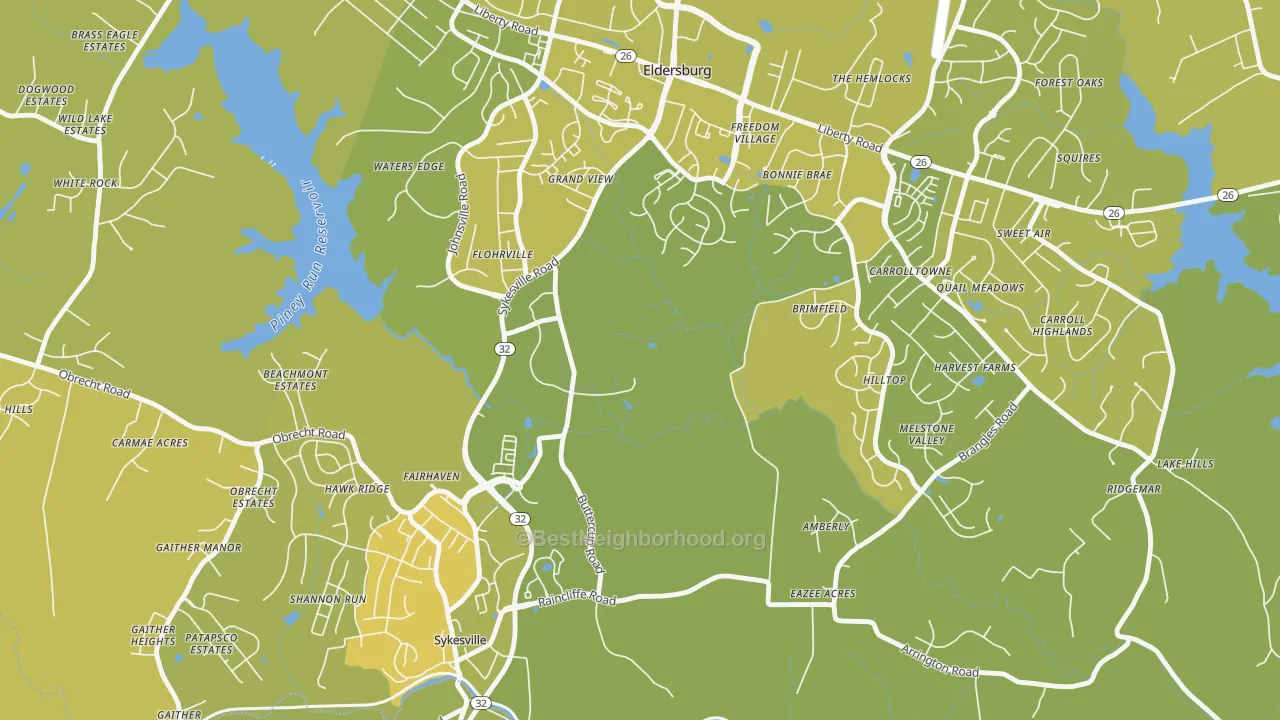Map of the best neighborhoods in the Flohrville area, with better matches in green and worse matches in red
