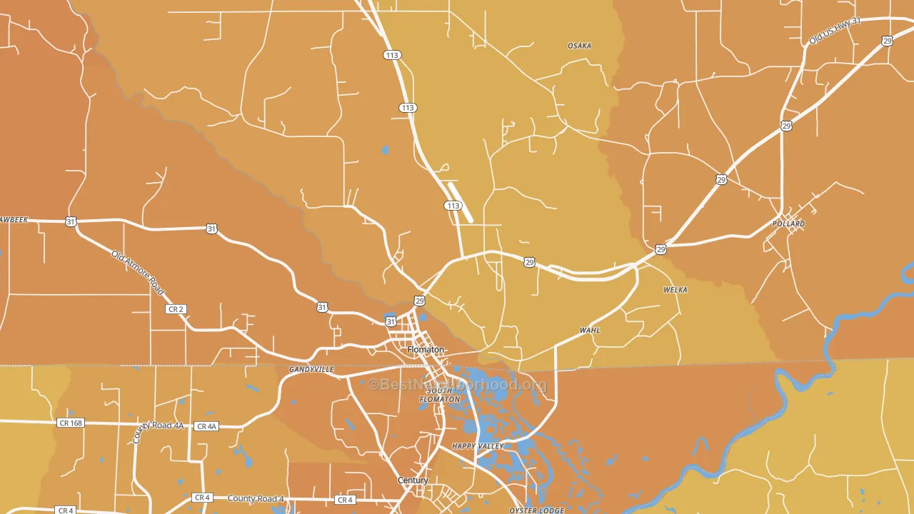 Map of the best neighborhoods in the Flomaton area, with better matches in green and worse matches in red