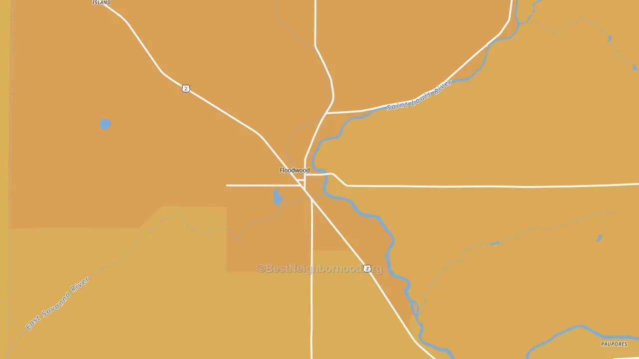 Map of the best neighborhoods in the Floodwood area, with better matches in green and worse matches in red