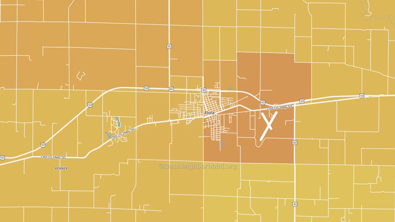 Map of the best neighborhoods in the Flora area, with better matches in green and worse matches in red