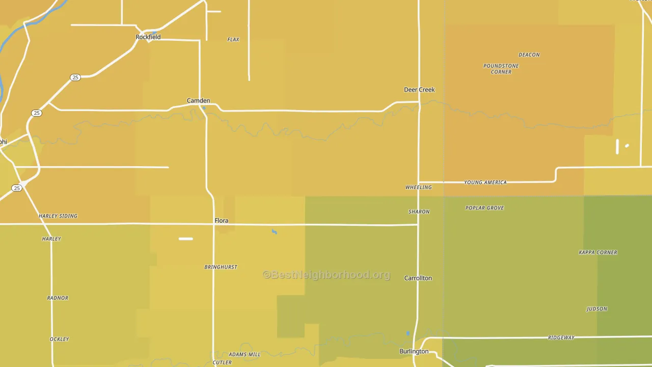 Map of the best neighborhoods in the Flora area, with better matches in green and worse matches in red