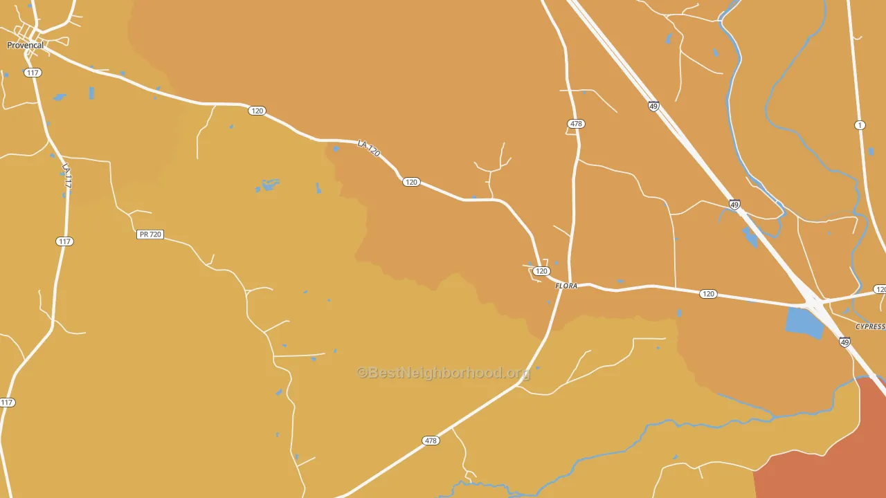 Map of the best neighborhoods in the Flora area, with better matches in green and worse matches in red