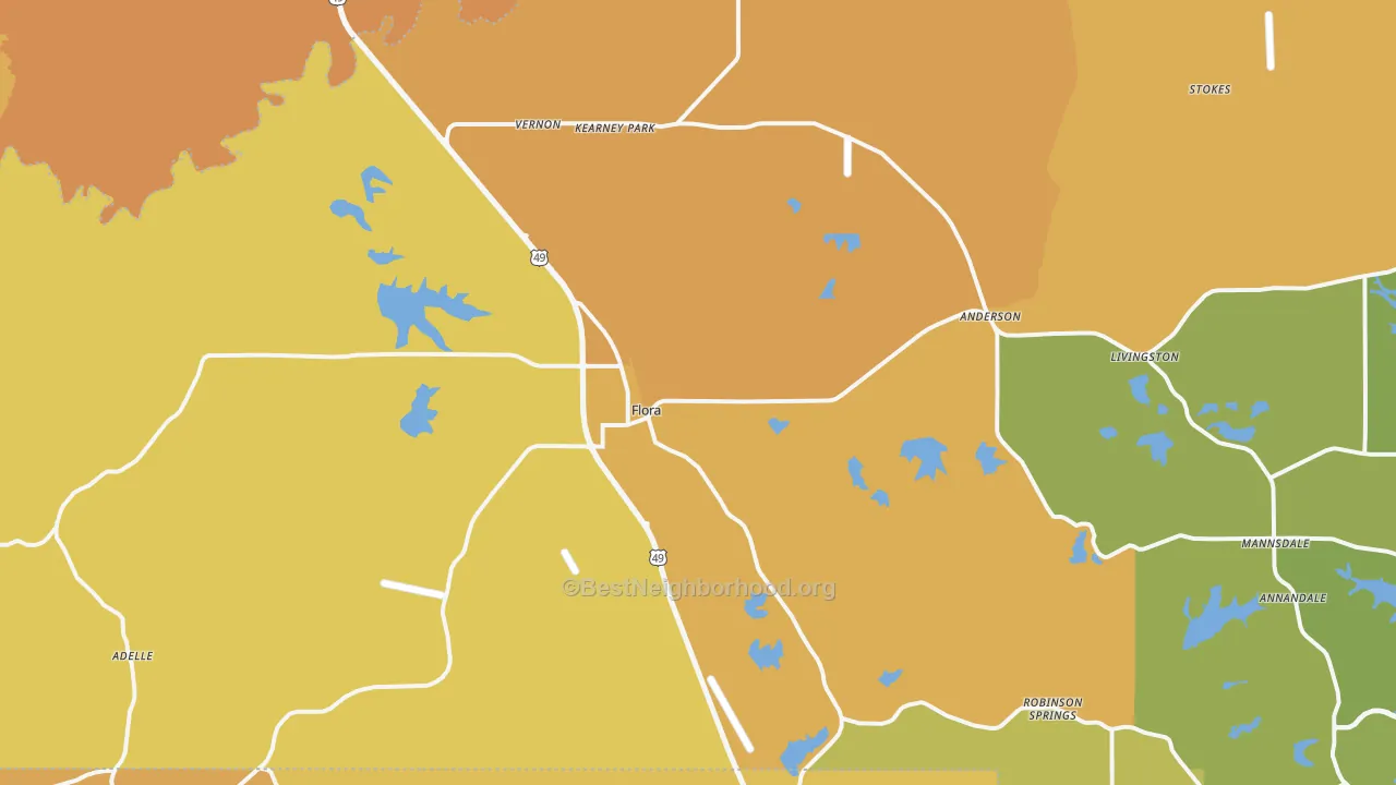 Map of the best neighborhoods in the Flora area, with better matches in green and worse matches in red