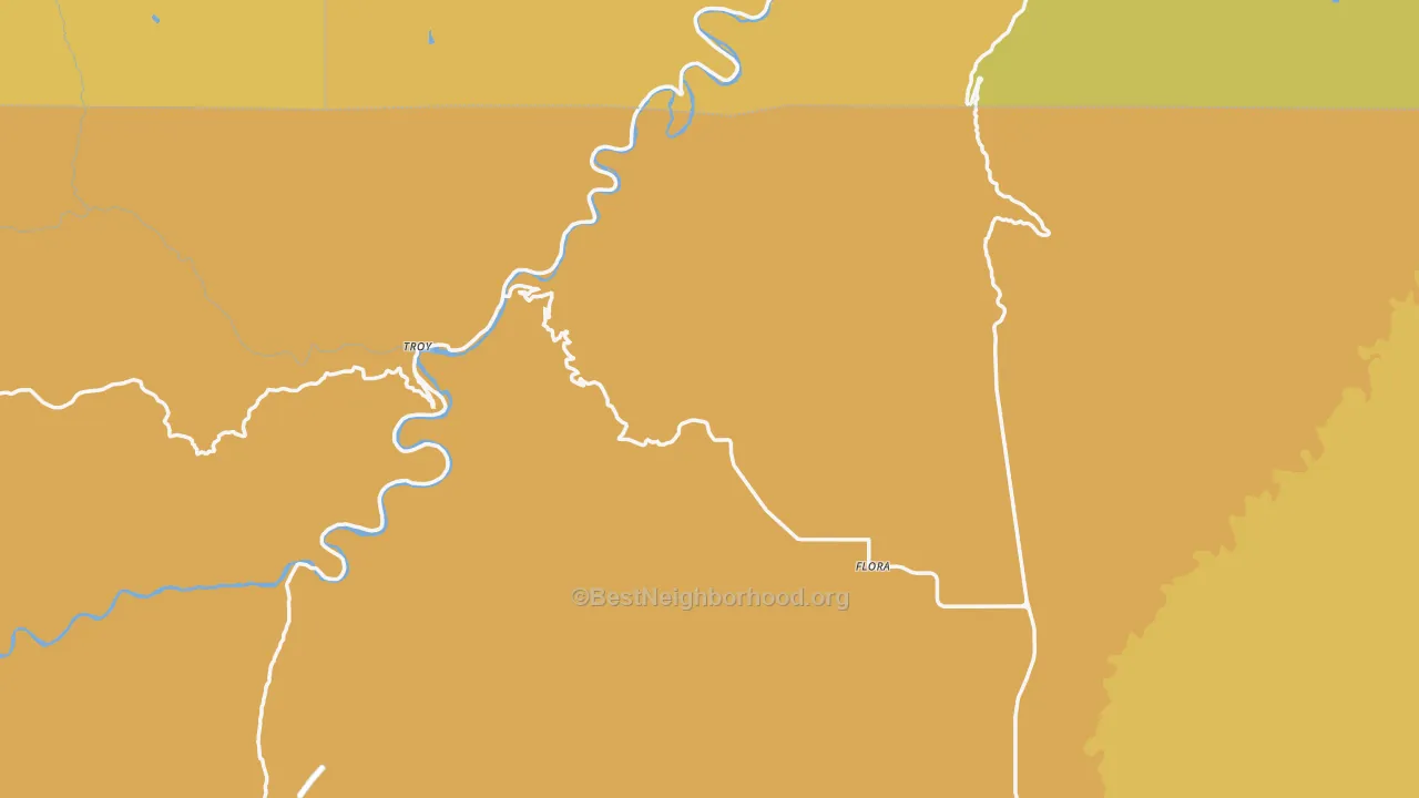 Map of the best neighborhoods in the Flora area, with better matches in green and worse matches in red