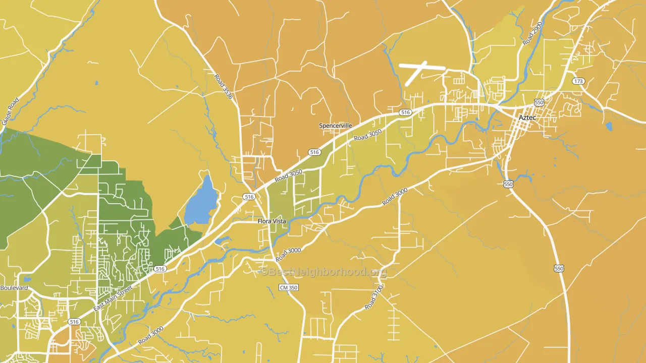 Map of the best neighborhoods in the Flora Vista area, with better matches in green and worse matches in red