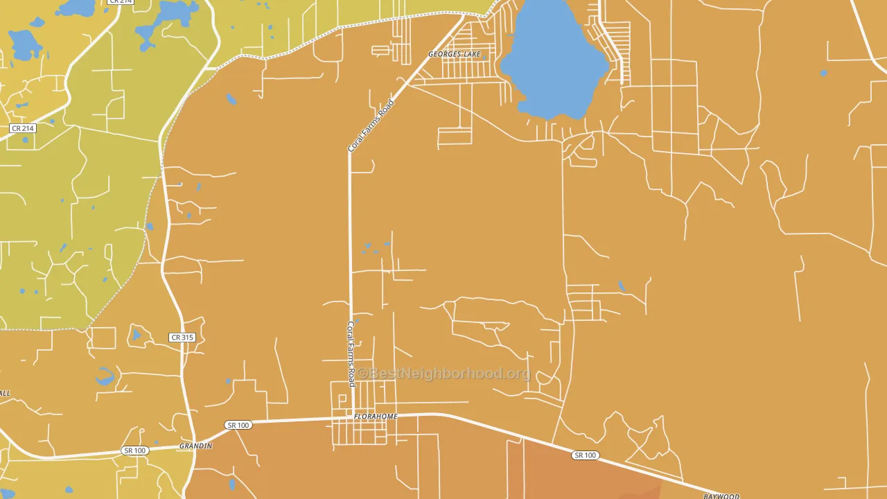 Map of the best neighborhoods in the Florahome area, with better matches in green and worse matches in red