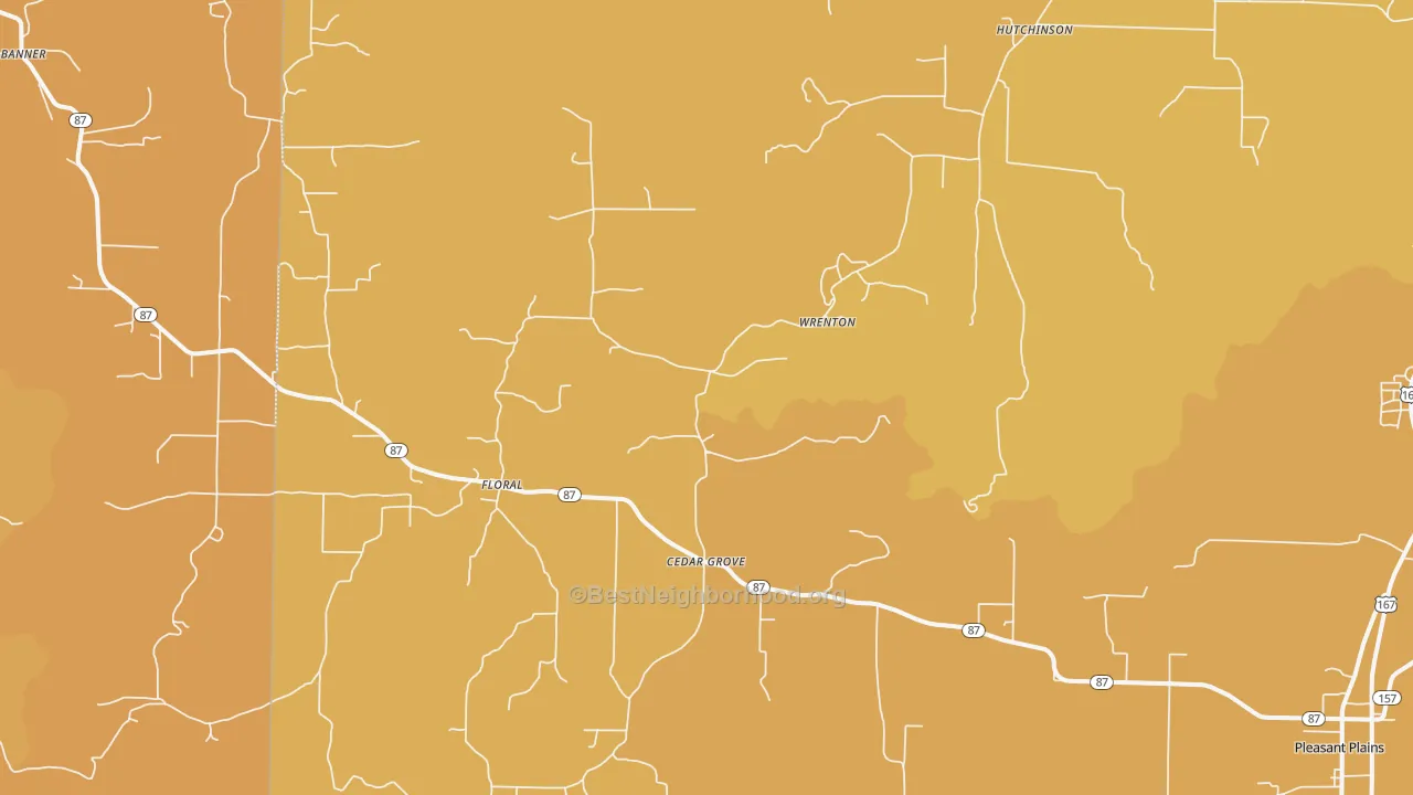 Map of the best neighborhoods in the Floral area, with better matches in green and worse matches in red