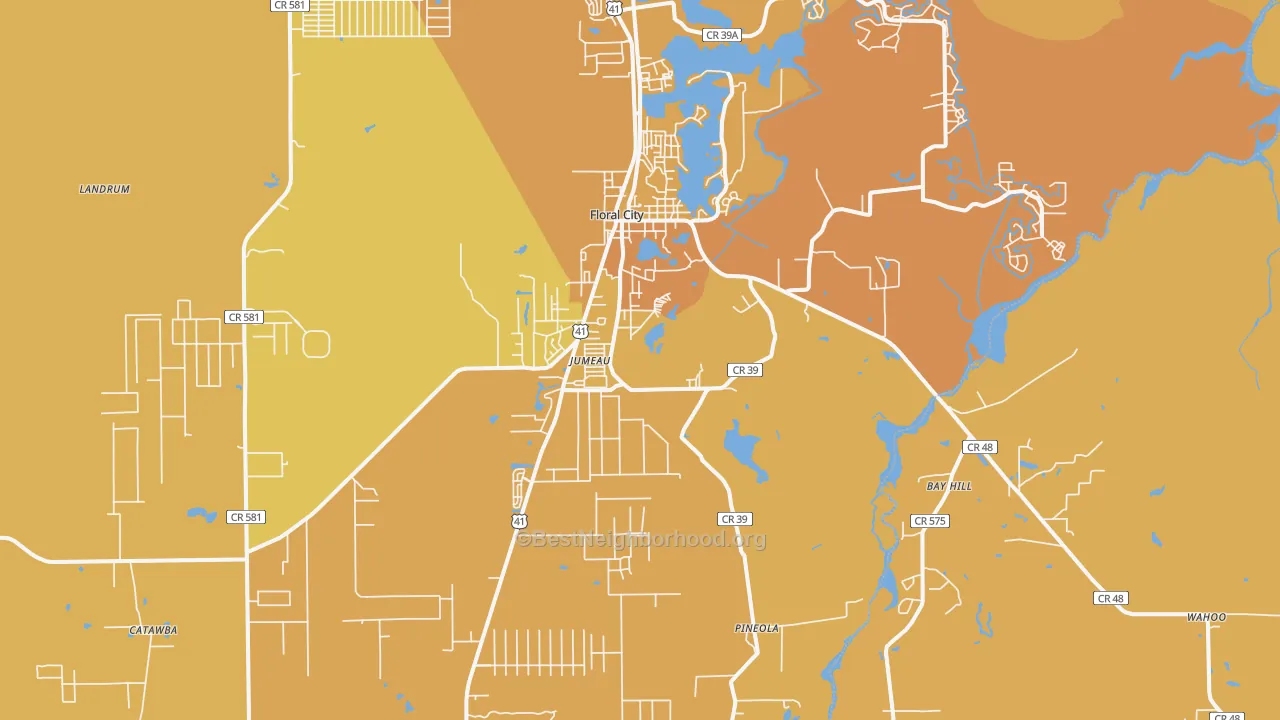 Map of the best neighborhoods in the Floral City area, with better matches in green and worse matches in red