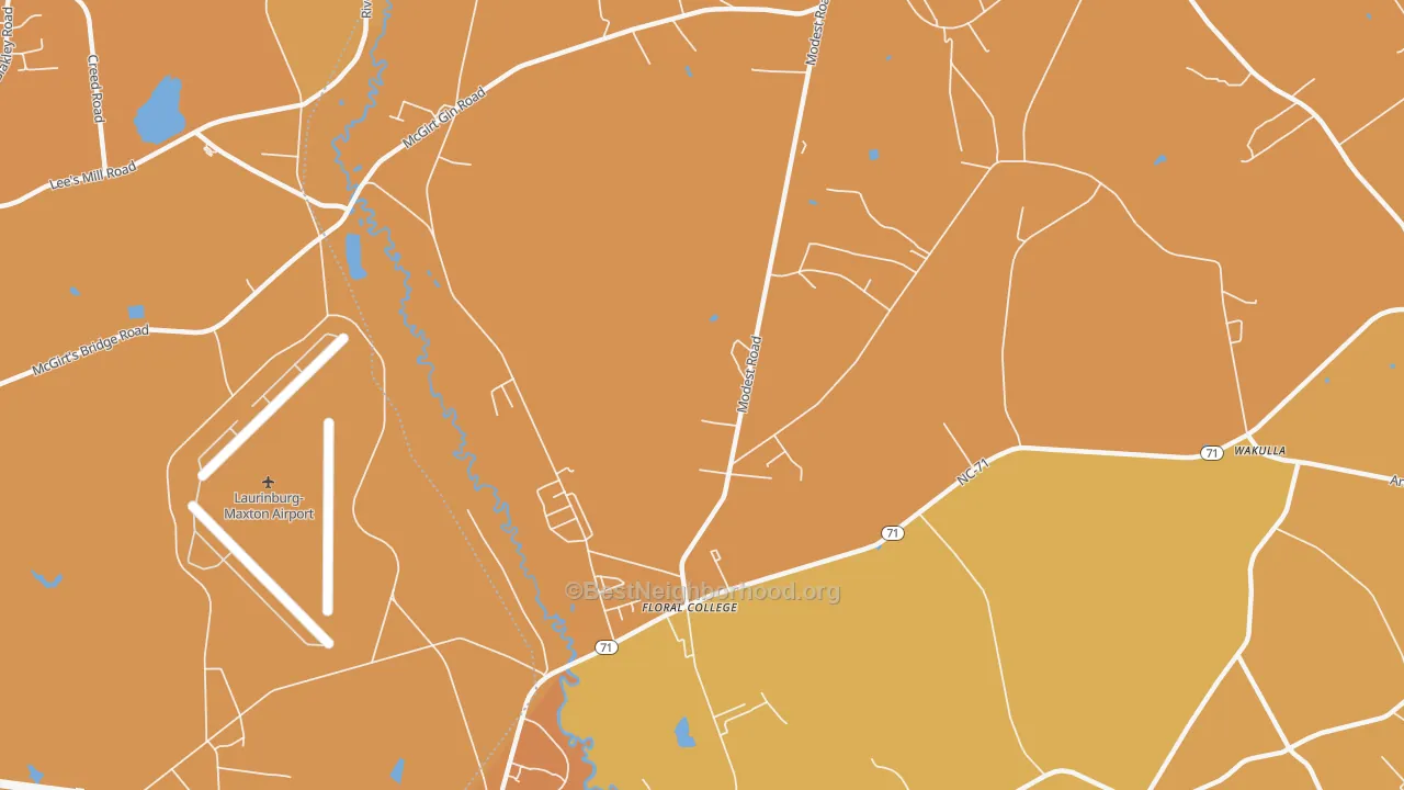Map of the best neighborhoods in the Floral College area, with better matches in green and worse matches in red