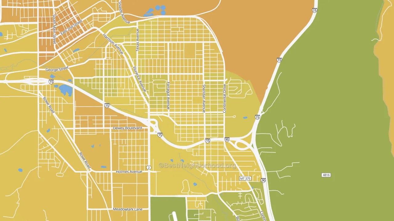 Map of the best neighborhoods in the Floral Park, Butte area, with better matches in green and worse matches in red