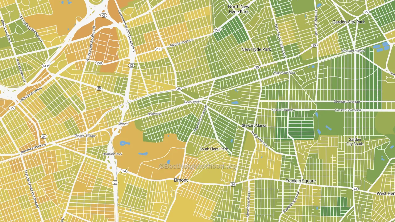 Map of the best neighborhoods in the Floral Park area, with better matches in green and worse matches in red