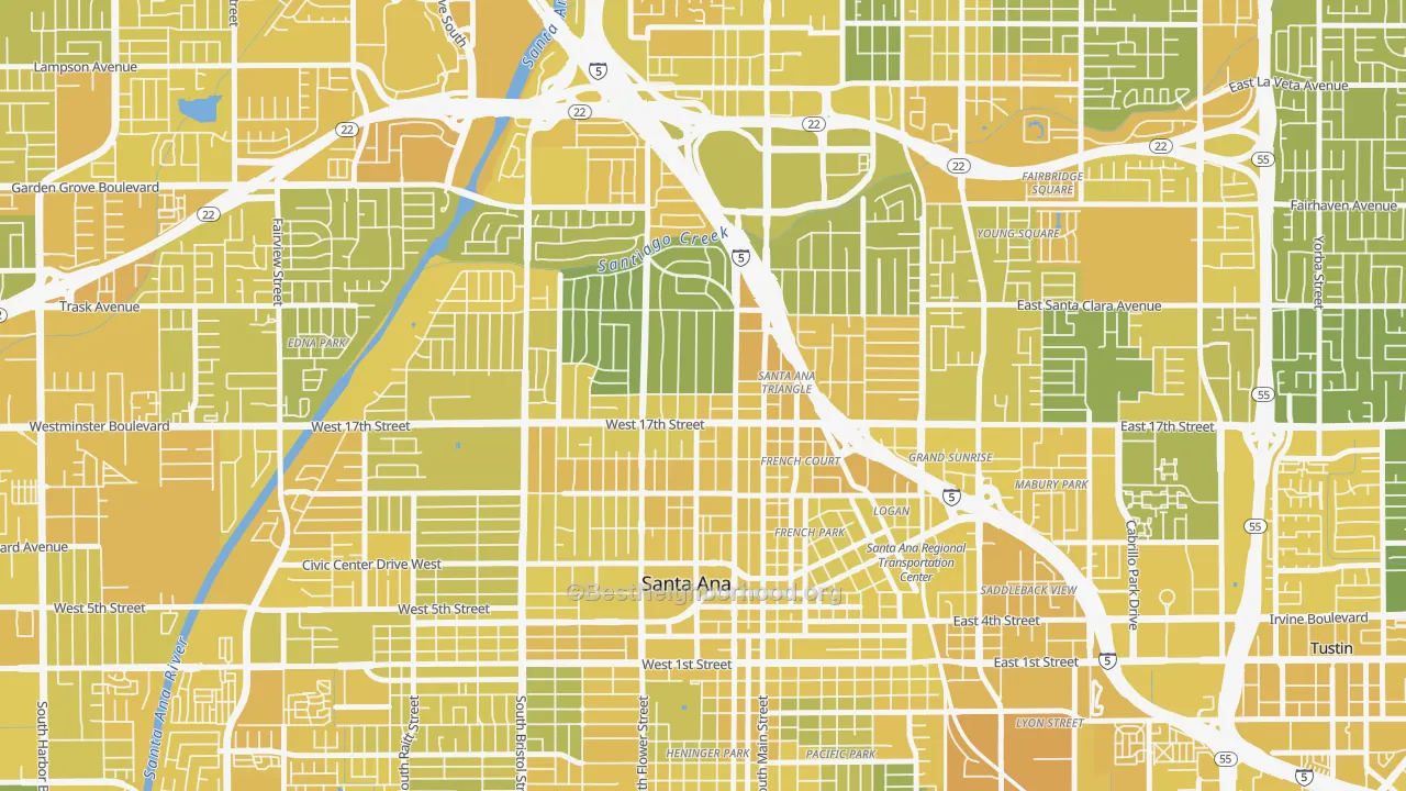 Map of the best neighborhoods in the Floral Park, Santa Ana area, with better matches in green and worse matches in red