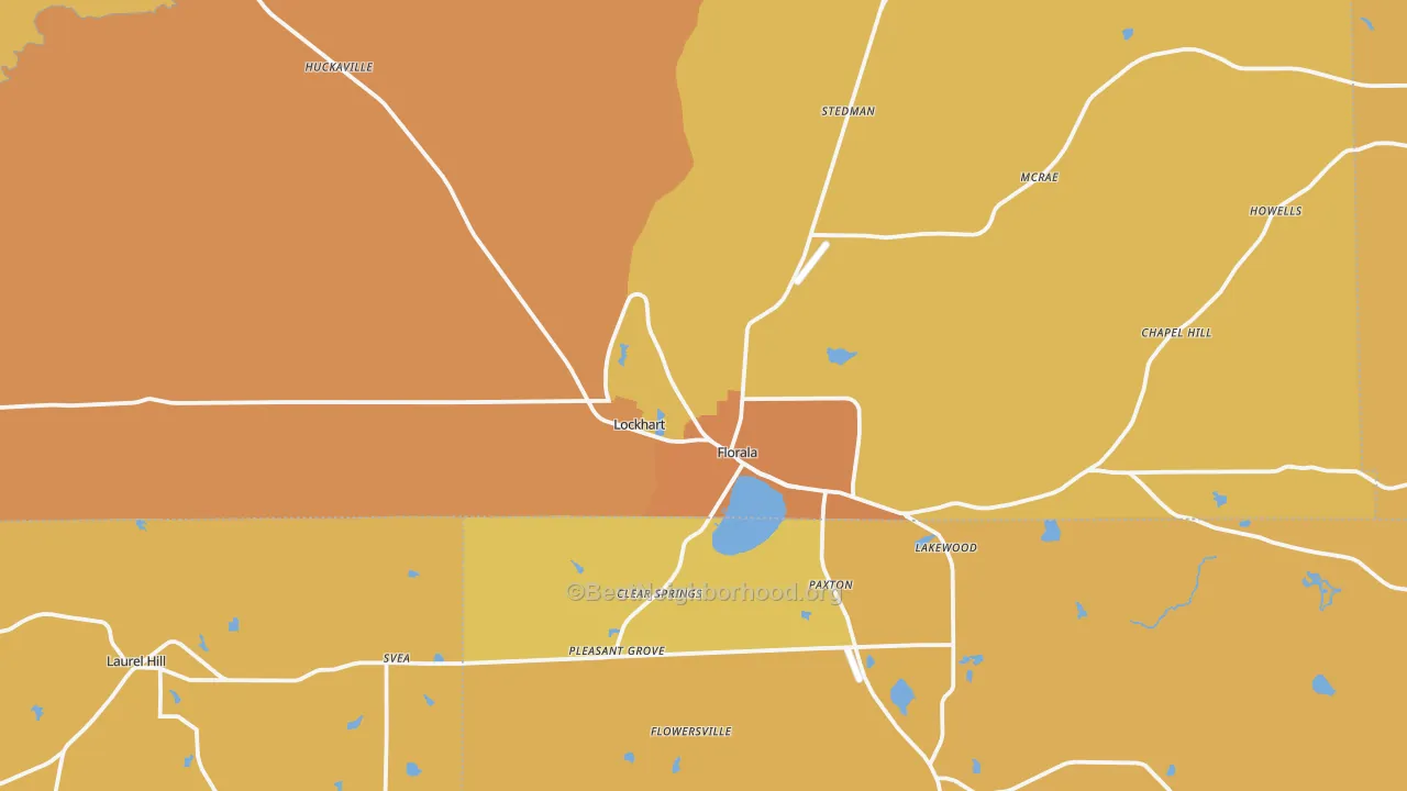 Map of the best neighborhoods in the Florala area, with better matches in green and worse matches in red