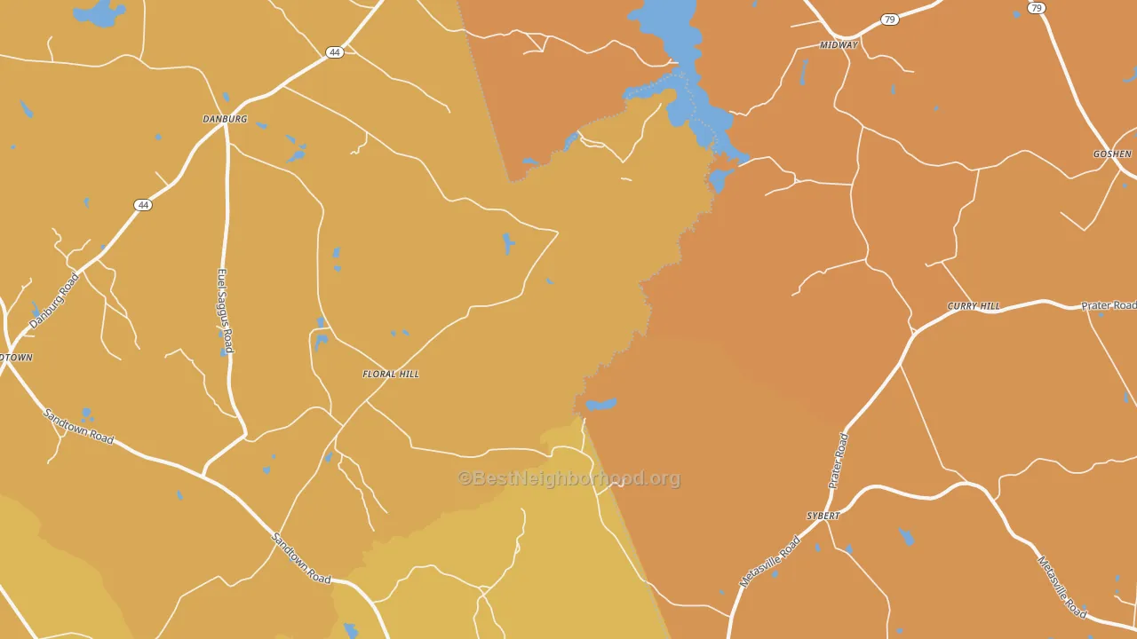 Map of the best neighborhoods in the Floralhill area, with better matches in green and worse matches in red
