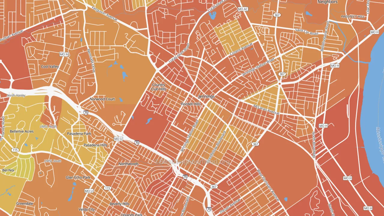 Map of the best neighborhoods in the Flordell Hills area, with better matches in green and worse matches in red