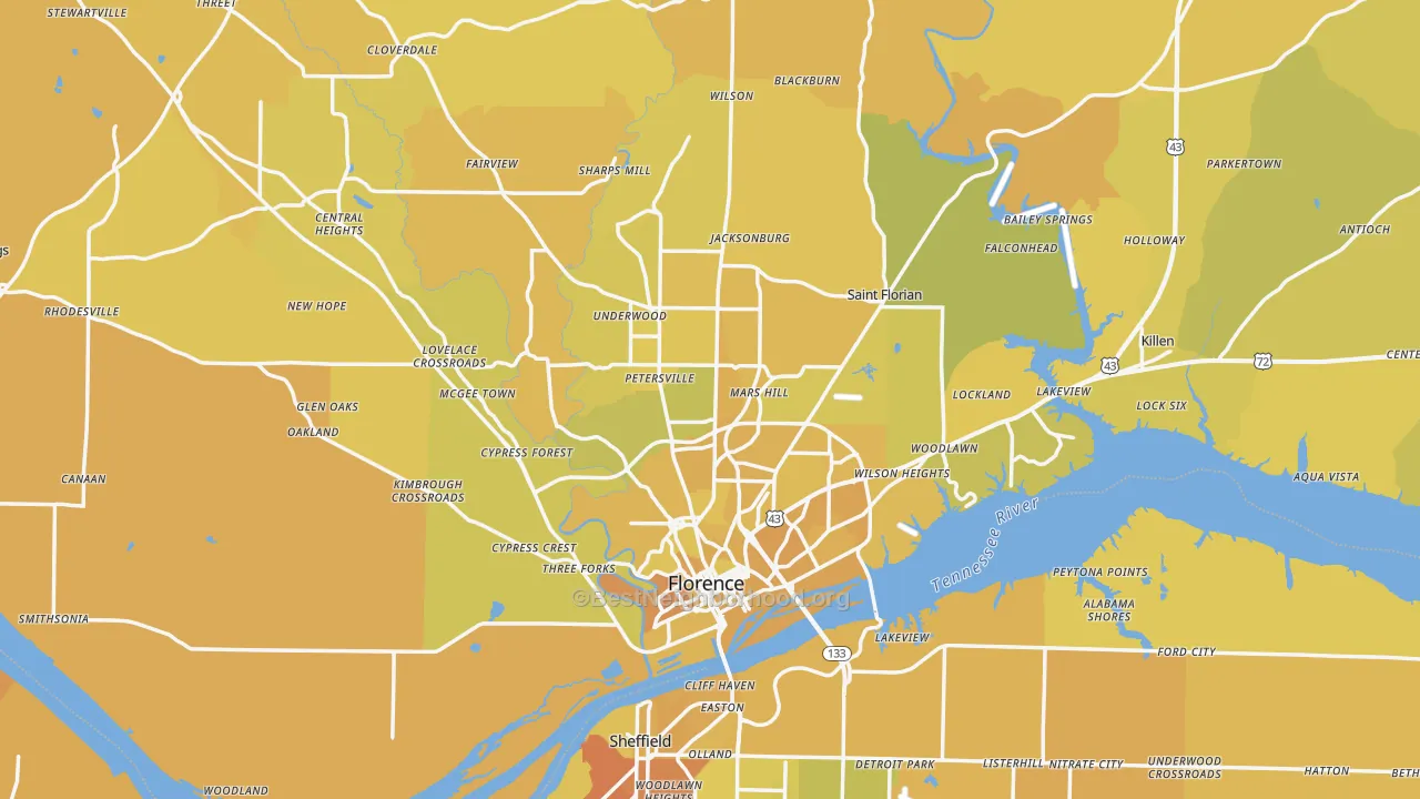 Map of the best neighborhoods in the Florence Metro area, with better matches in green and worse matches in red
