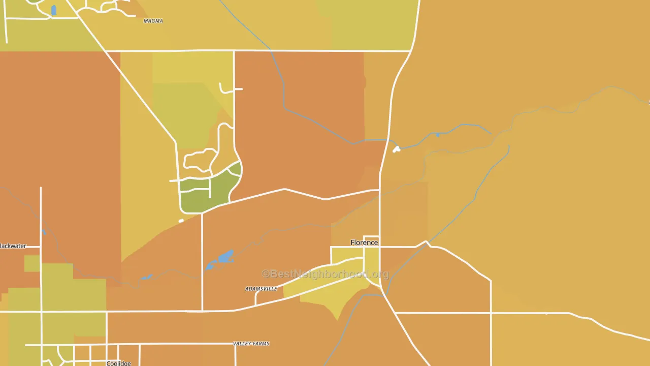 Map of the best neighborhoods in the Florence area, with better matches in green and worse matches in red