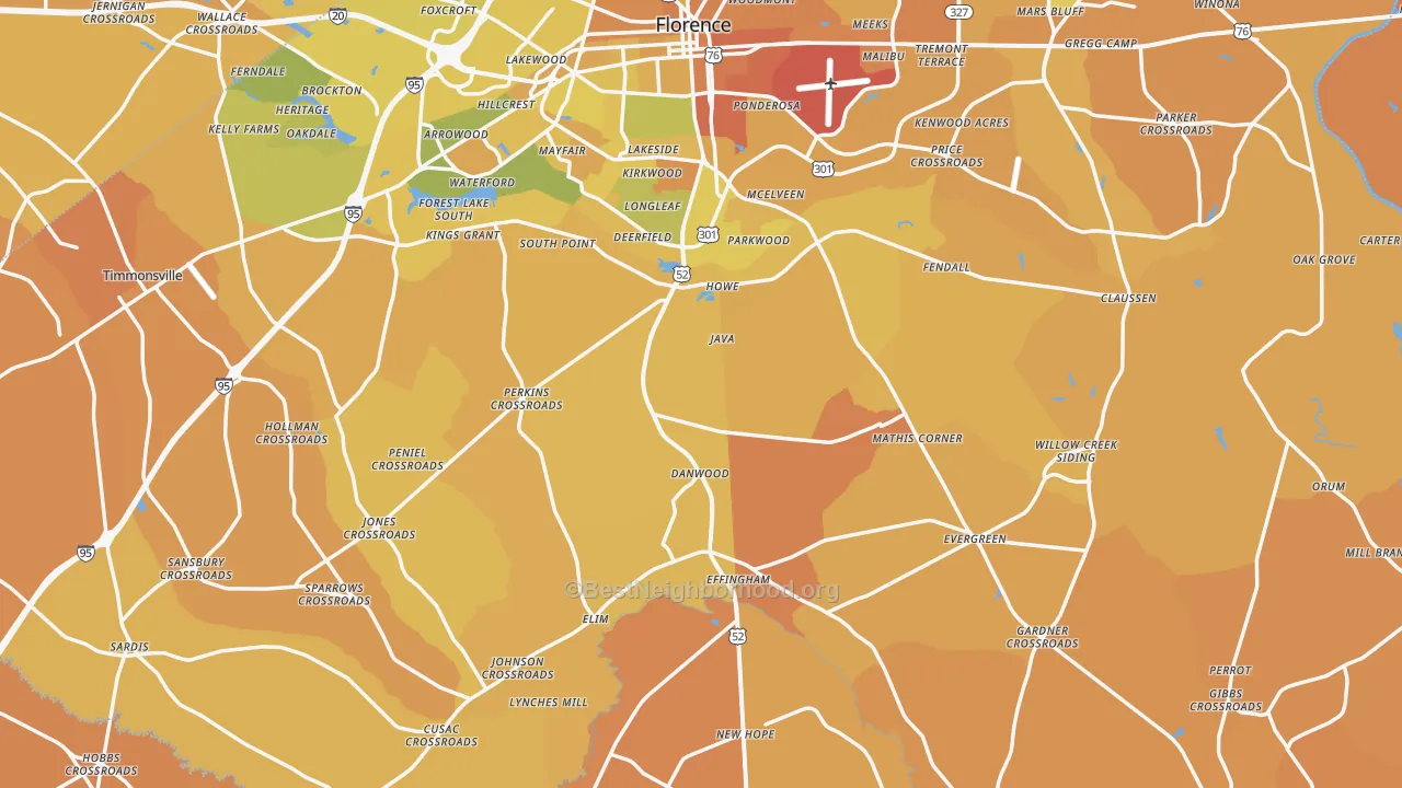 Map of the best neighborhoods in the Florence County area, with better matches in green and worse matches in red