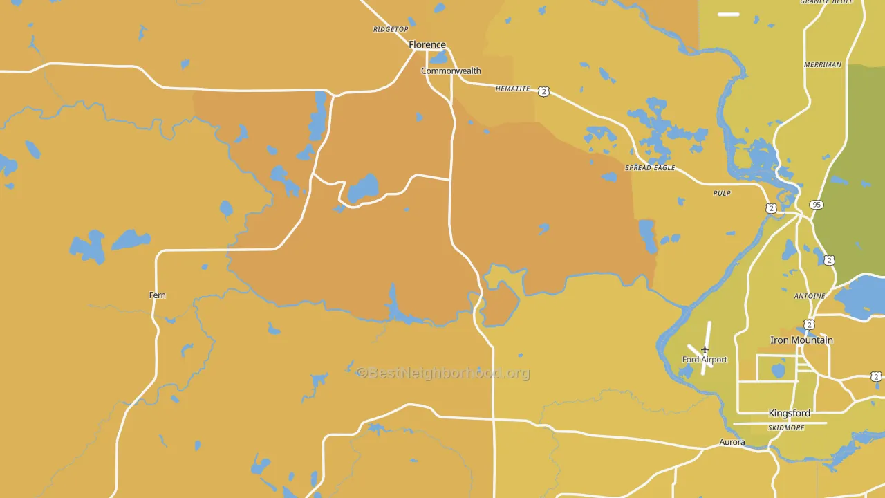Map of the best neighborhoods in the Florence County area, with better matches in green and worse matches in red