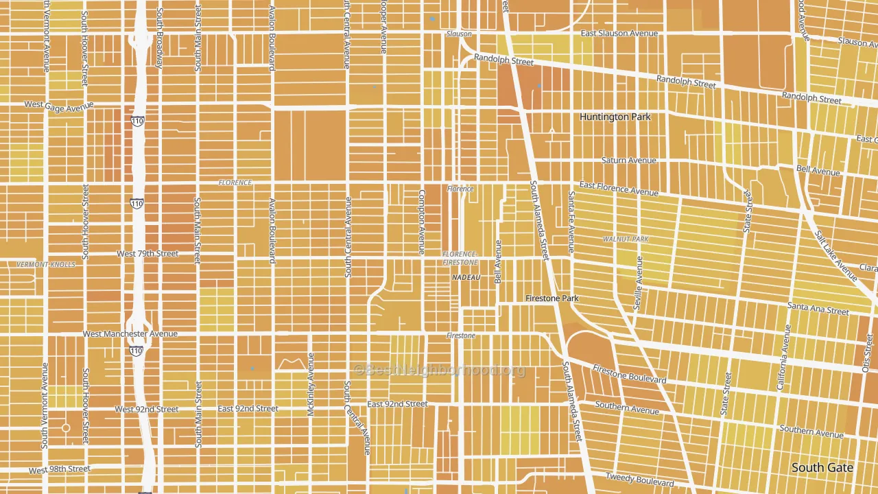 Map of the best neighborhoods in the Florence-Graham area, with better matches in green and worse matches in red
