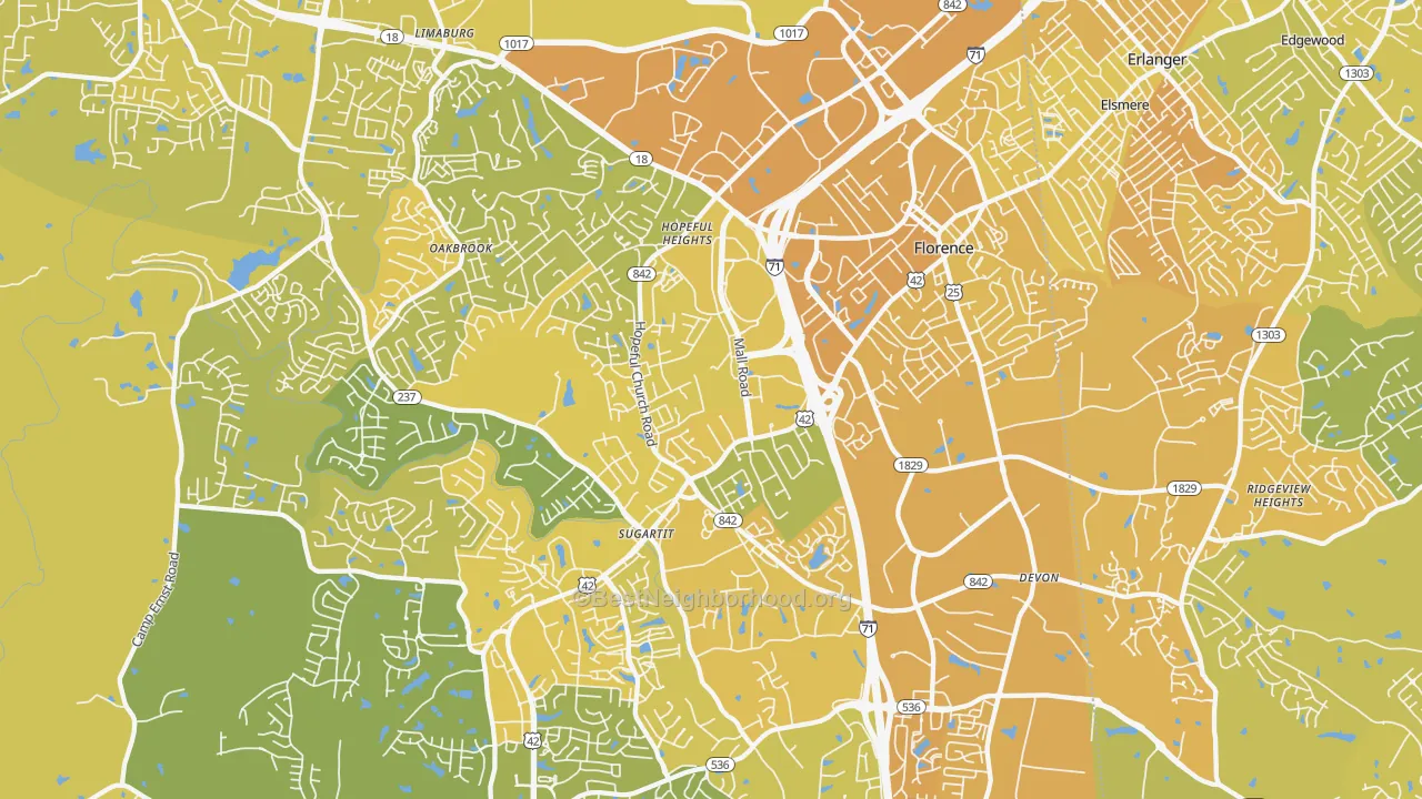 Map of the best neighborhoods in the Florence area, with better matches in green and worse matches in red