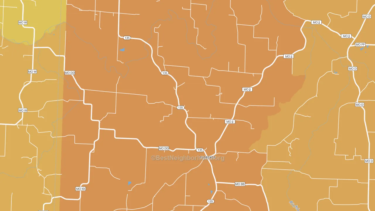Map of the best neighborhoods in the Florence area, with better matches in green and worse matches in red