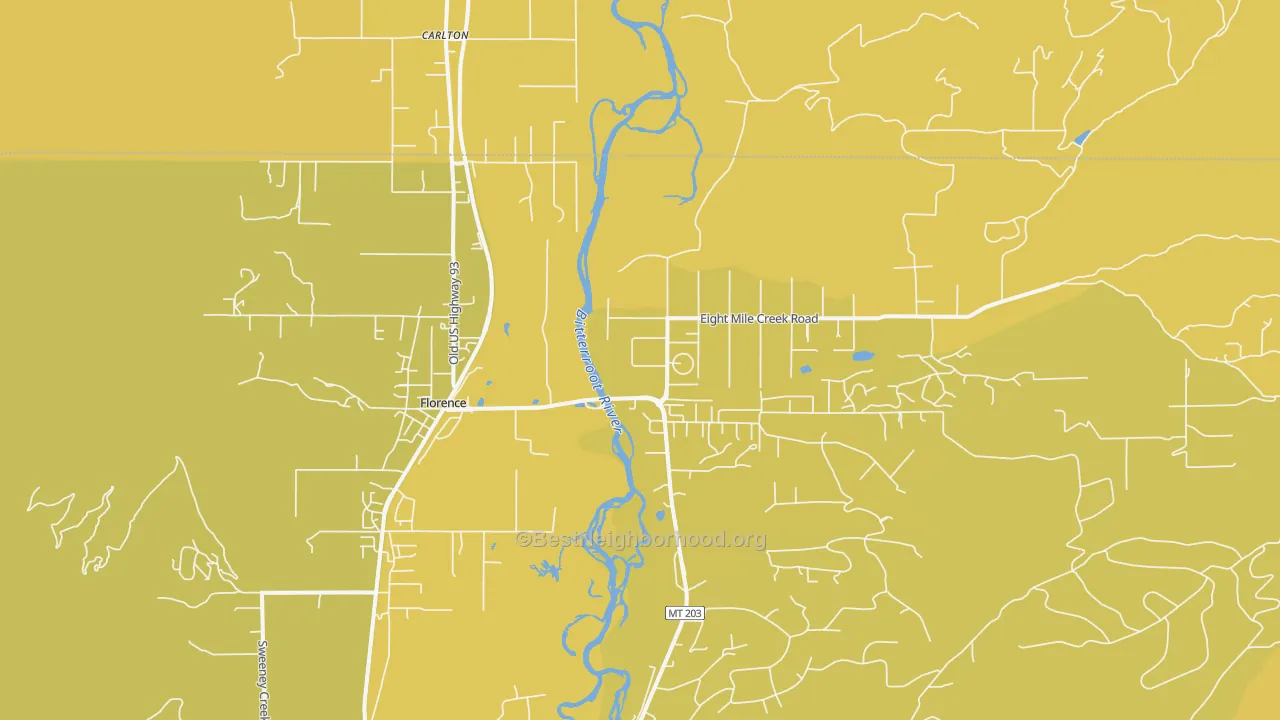 Map of the best neighborhoods in the Florence area, with better matches in green and worse matches in red