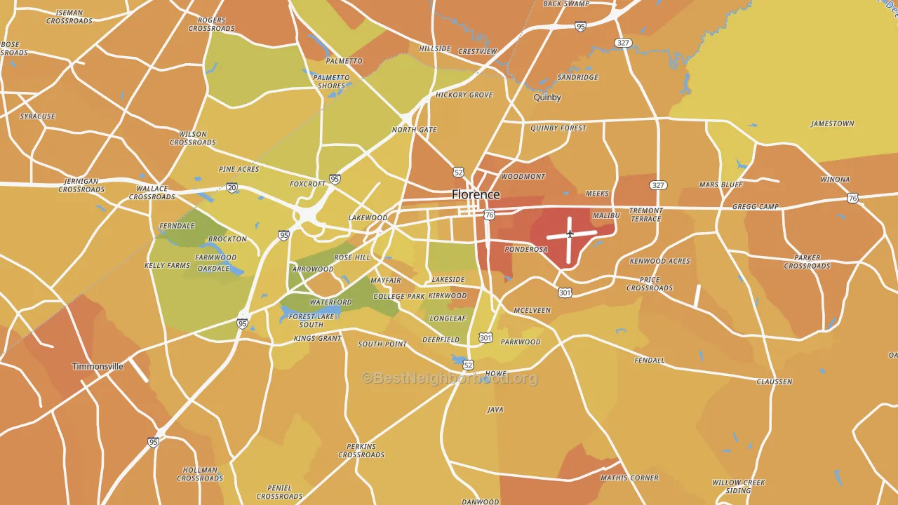 Map of the best neighborhoods in the Florence Metro area, with better matches in green and worse matches in red