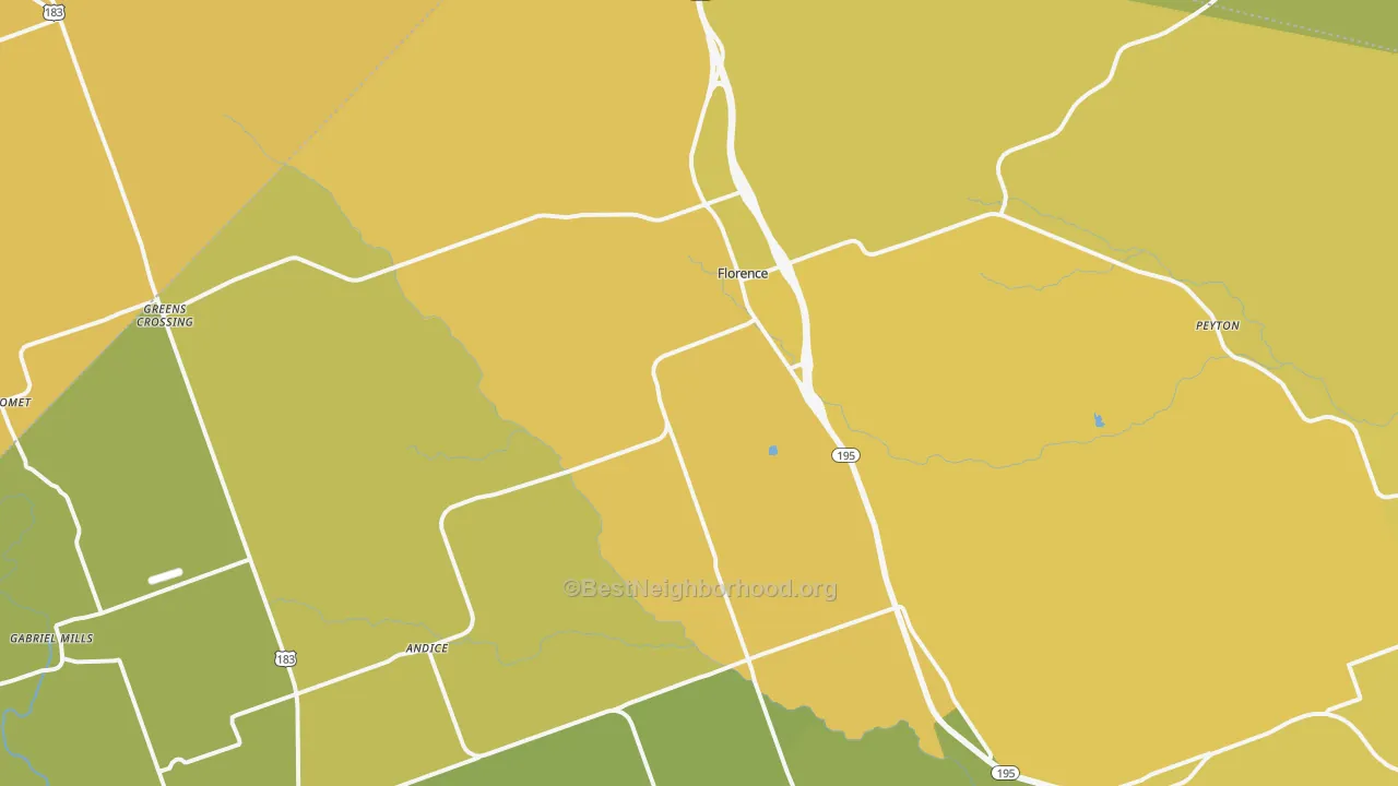 Map of the best neighborhoods in the Florence area, with better matches in green and worse matches in red