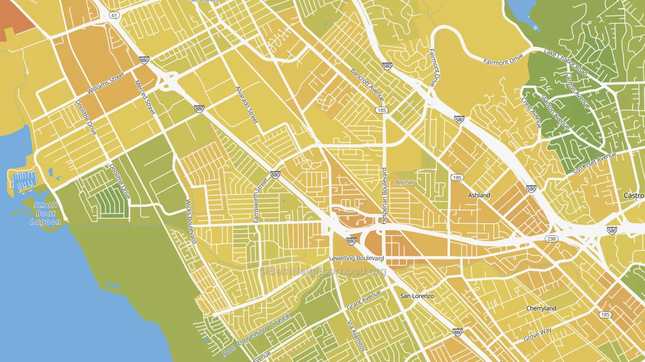 Map of the best neighborhoods in the Floresta Gardens-Bradrick, San Leandro area, with better matches in green and worse matches in red