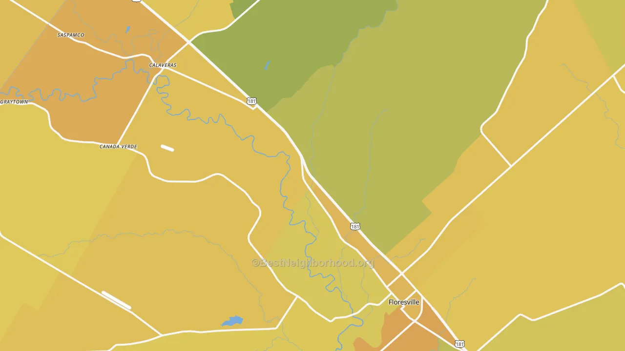 Map of the best neighborhoods in the Floresville area, with better matches in green and worse matches in red