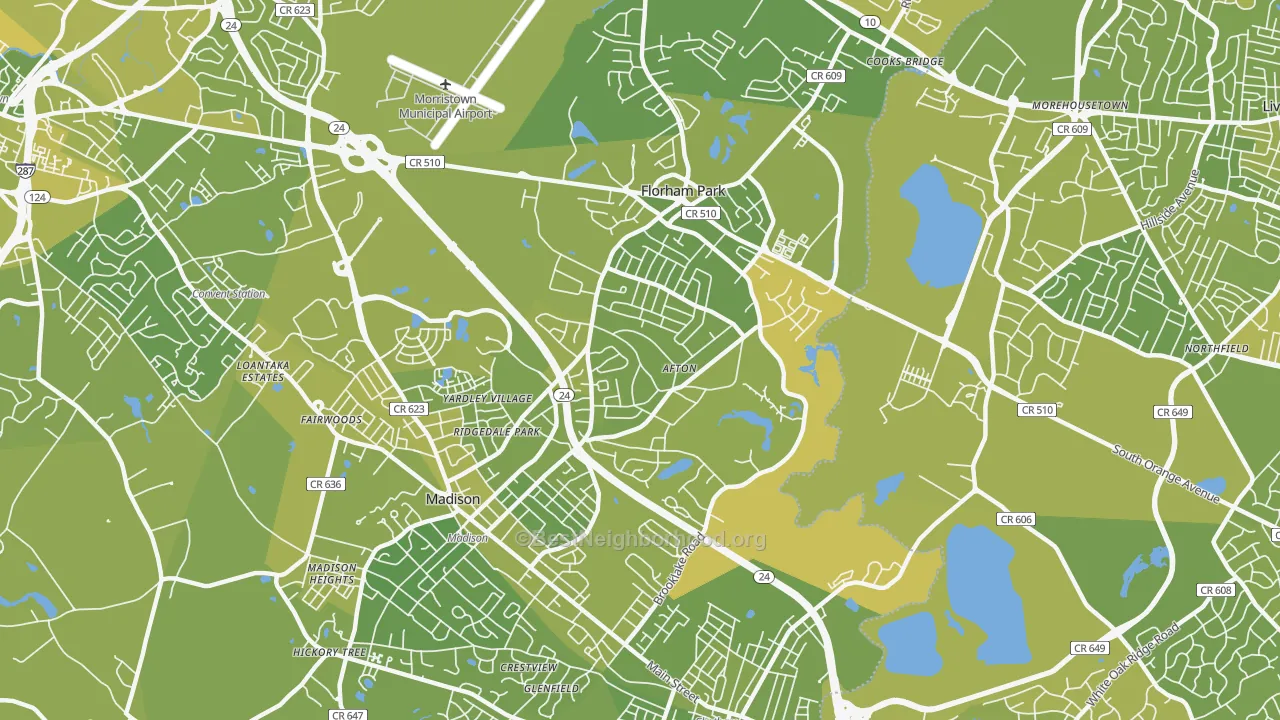Map of the best neighborhoods in the Florham Park area, with better matches in green and worse matches in red
