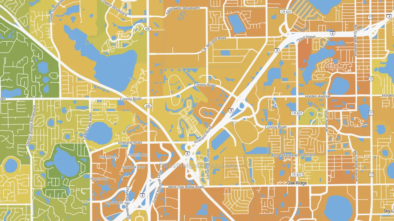 Map of the best neighborhoods in the Florida Center North, Orlando area, with better matches in green and worse matches in red