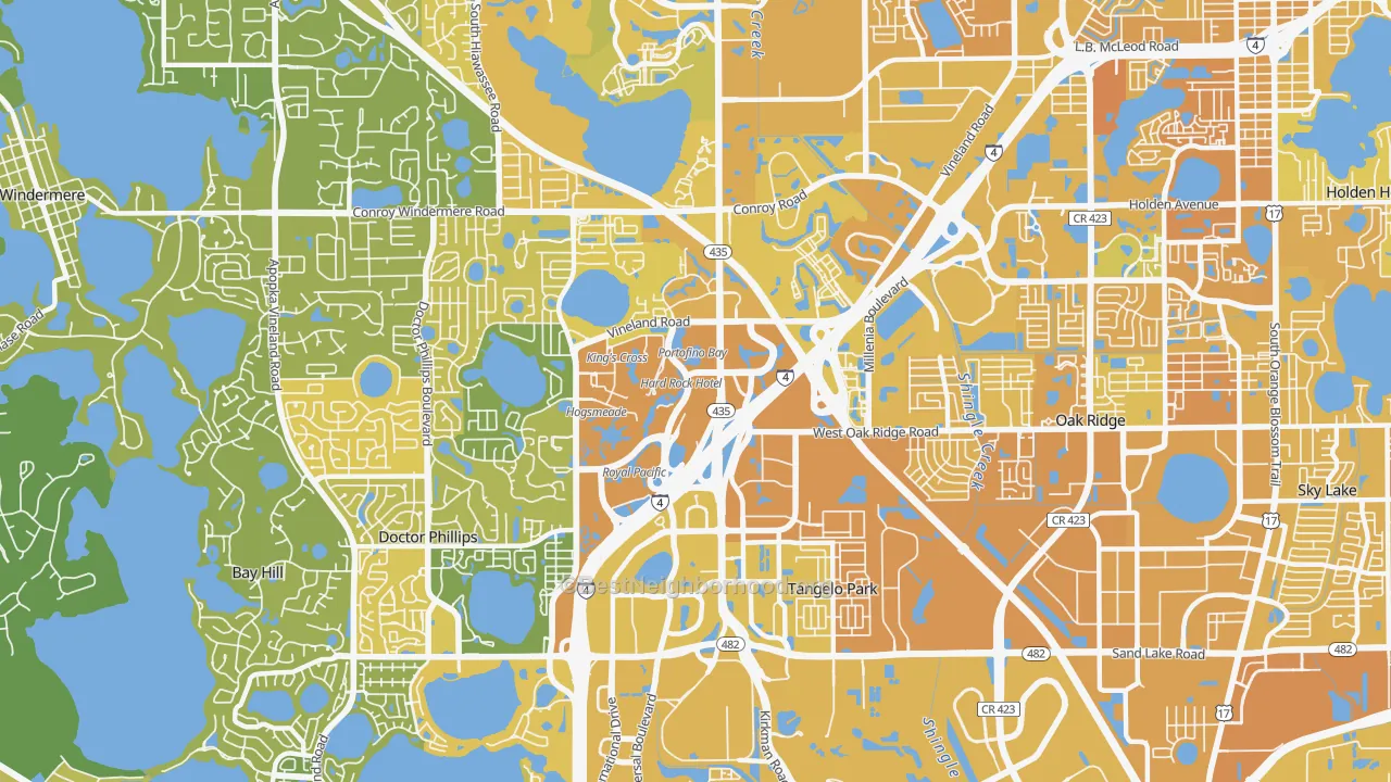 Map of the best neighborhoods in the Florida Center, Orlando area, with better matches in green and worse matches in red