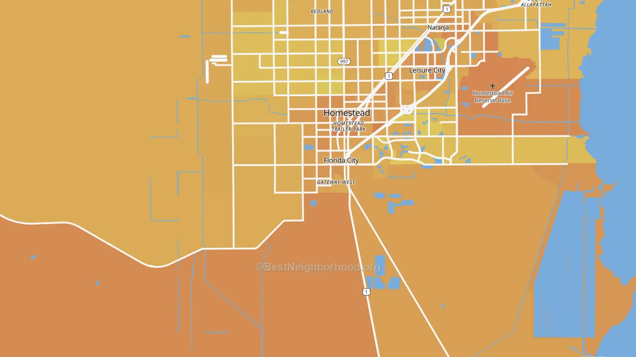 Map of the best neighborhoods in the Florida City area, with better matches in green and worse matches in red