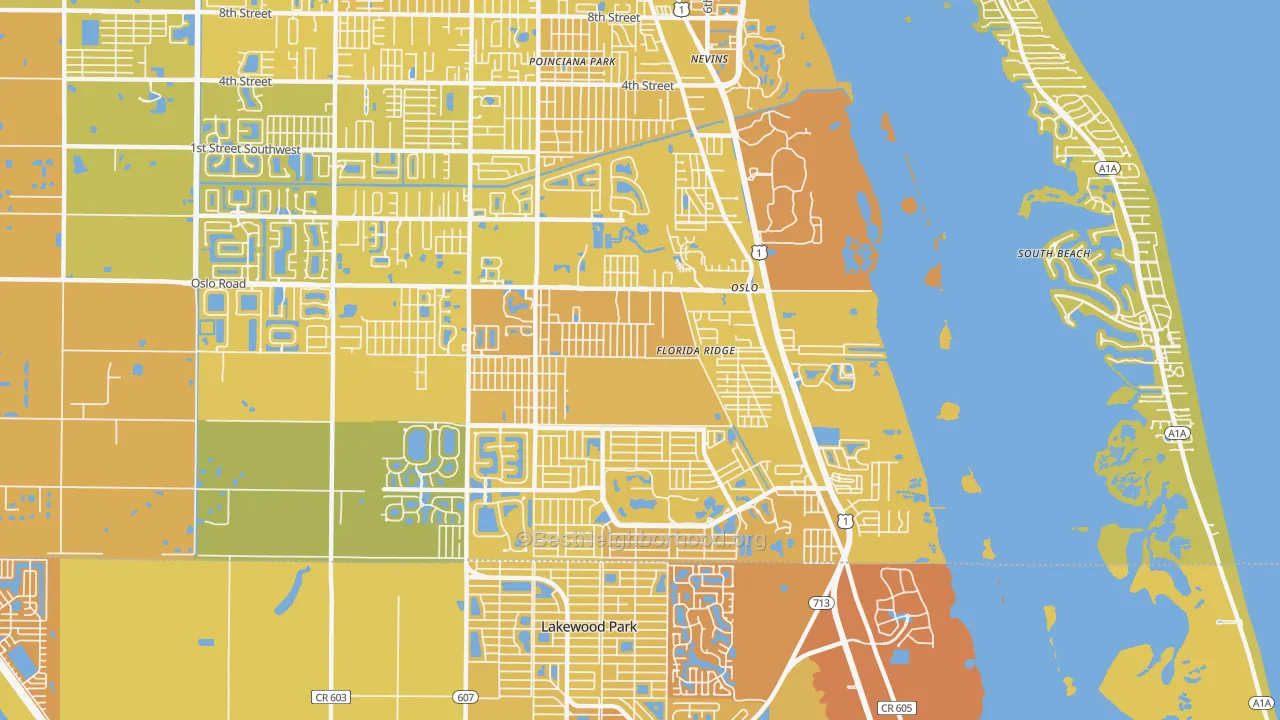 Map of the best neighborhoods in the Florida Ridge area, with better matches in green and worse matches in red