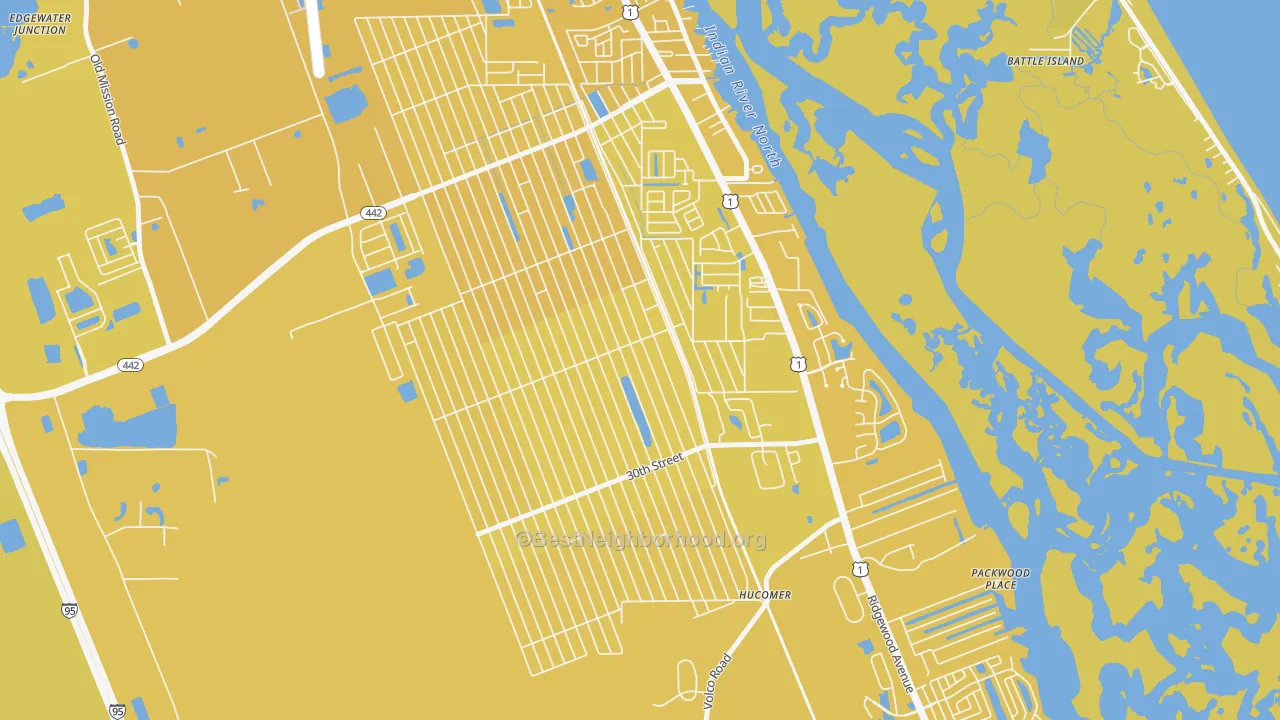 Map of the best neighborhoods in the Florida Shores, Edgewater area, with better matches in green and worse matches in red