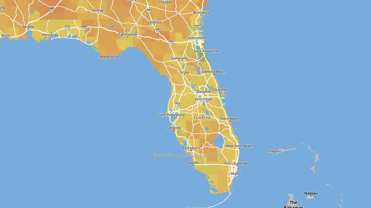 Map of the best neighborhoods in the Florida area, with better matches in green and worse matches in red