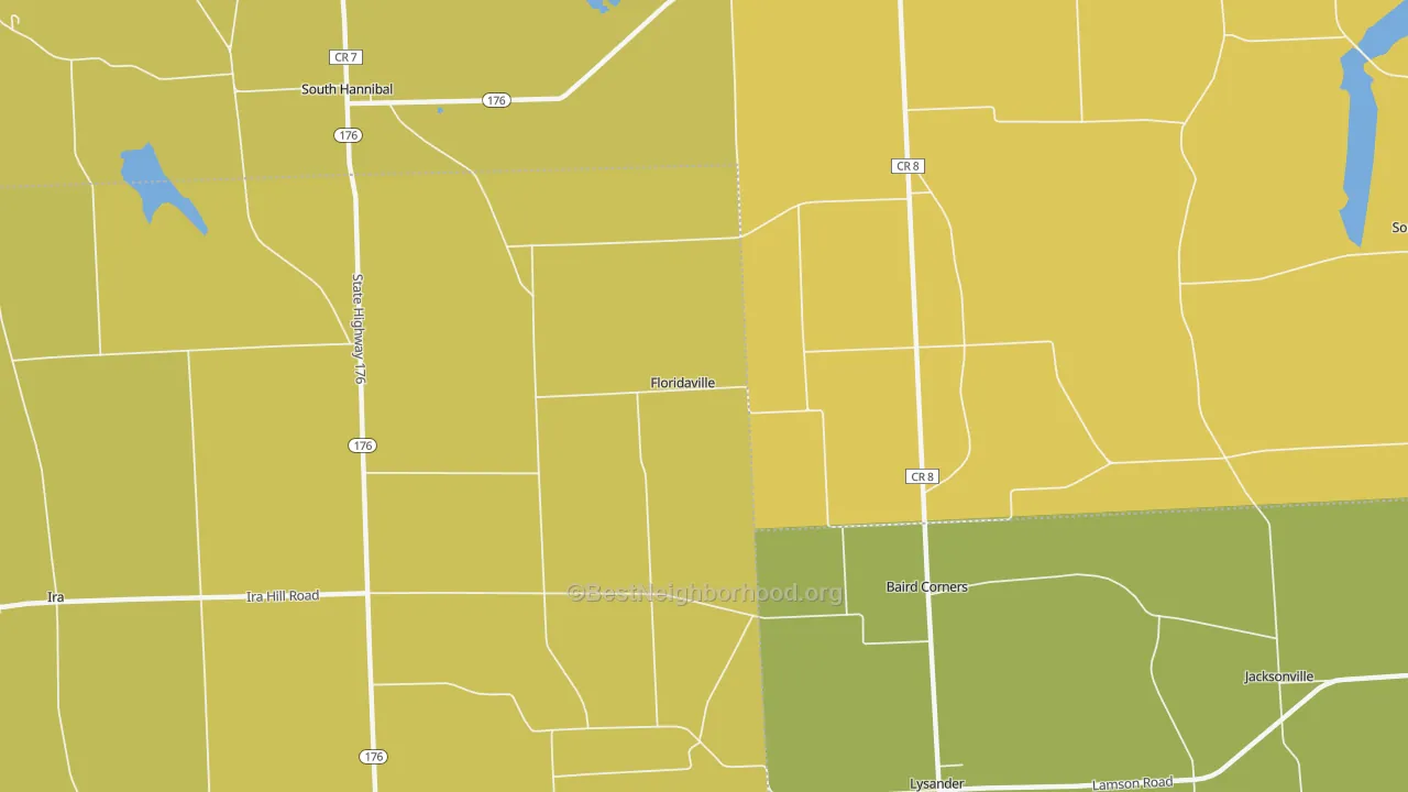 Map of the best neighborhoods in the Floridaville area, with better matches in green and worse matches in red