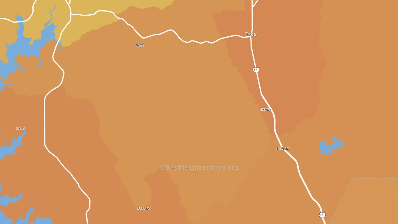 Map of the best neighborhoods in the Florien area, with better matches in green and worse matches in red