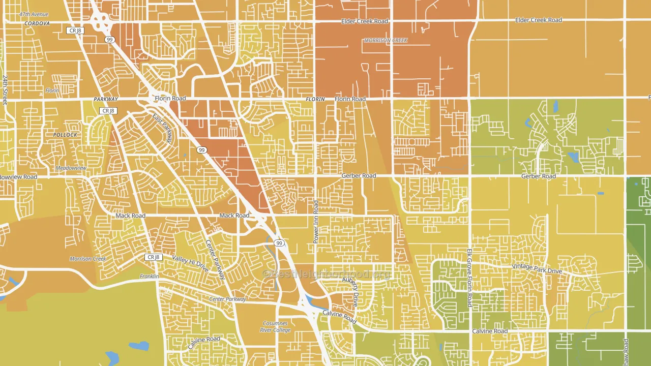 Map of the best neighborhoods in the Florin area, with better matches in green and worse matches in red