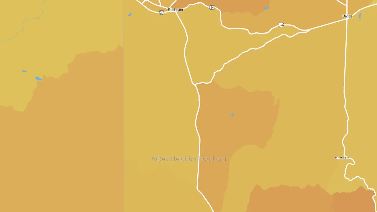 Map of the best neighborhoods in the Florissant area, with better matches in green and worse matches in red