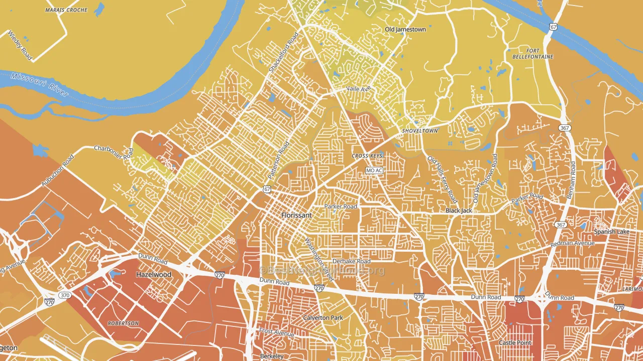Map of the best neighborhoods in the Florissant area, with better matches in green and worse matches in red