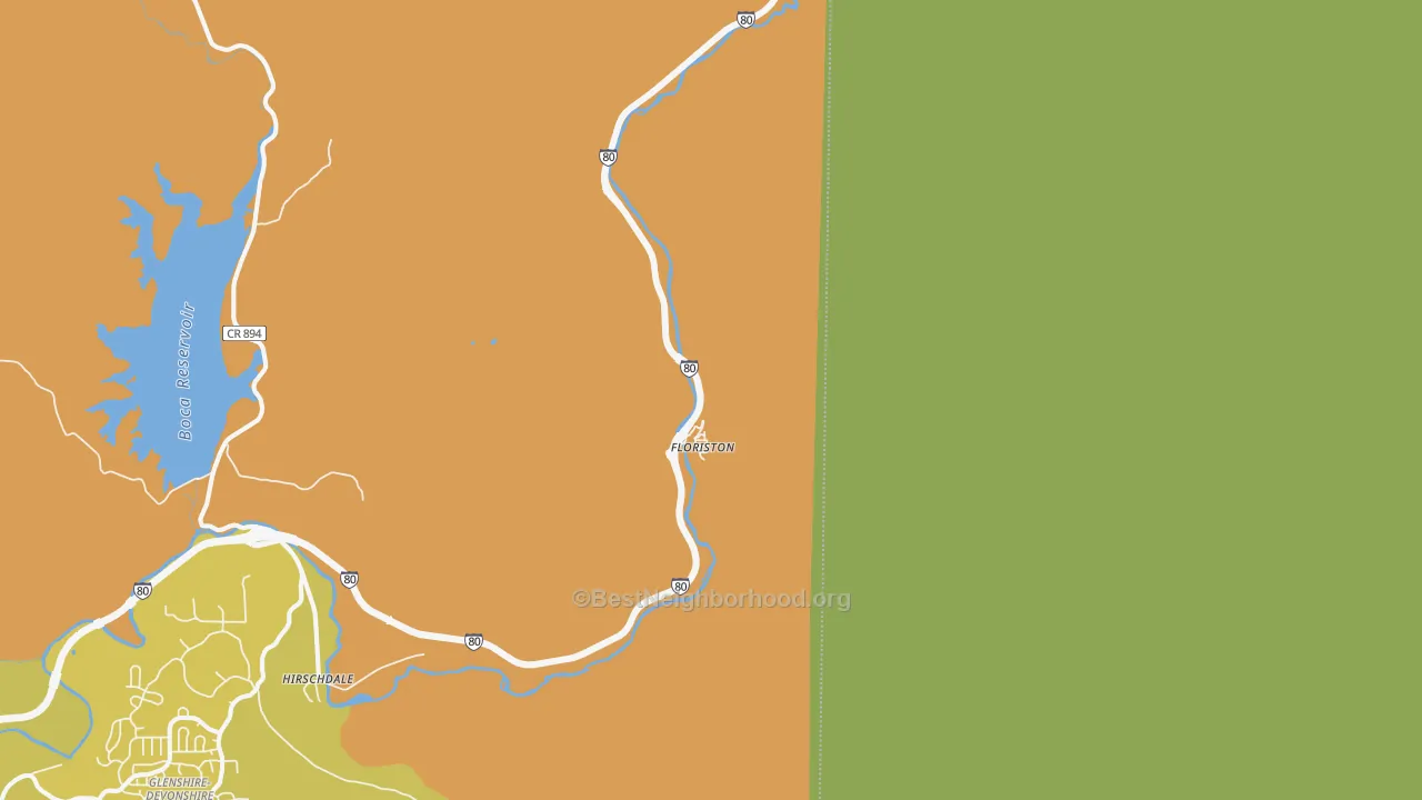 Map of the best neighborhoods in the Floriston area, with better matches in green and worse matches in red