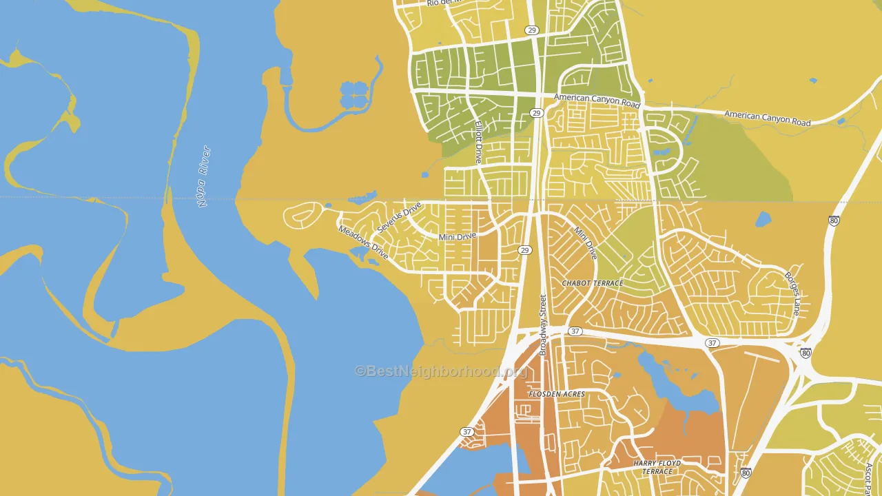 Map of the best neighborhoods in the Flosden, Vallejo area, with better matches in green and worse matches in red