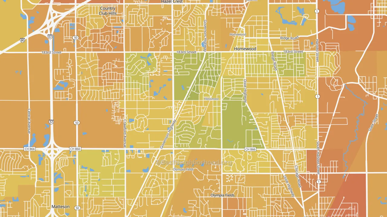 Map of the best neighborhoods in the Flossmoor area, with better matches in green and worse matches in red