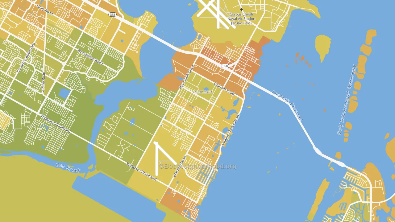 Map of the best neighborhoods in the Flour Bluff, Corpus Christi area, with better matches in green and worse matches in red