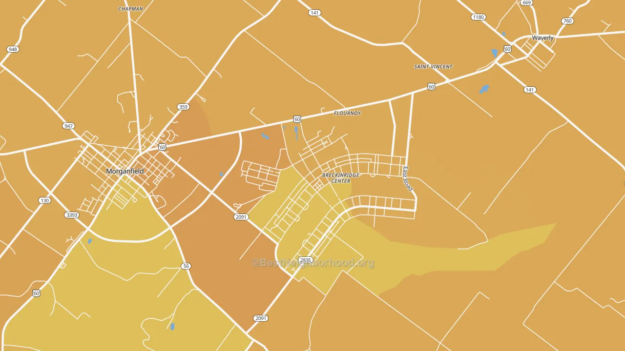 Map of the best neighborhoods in the Flournoy area, with better matches in green and worse matches in red